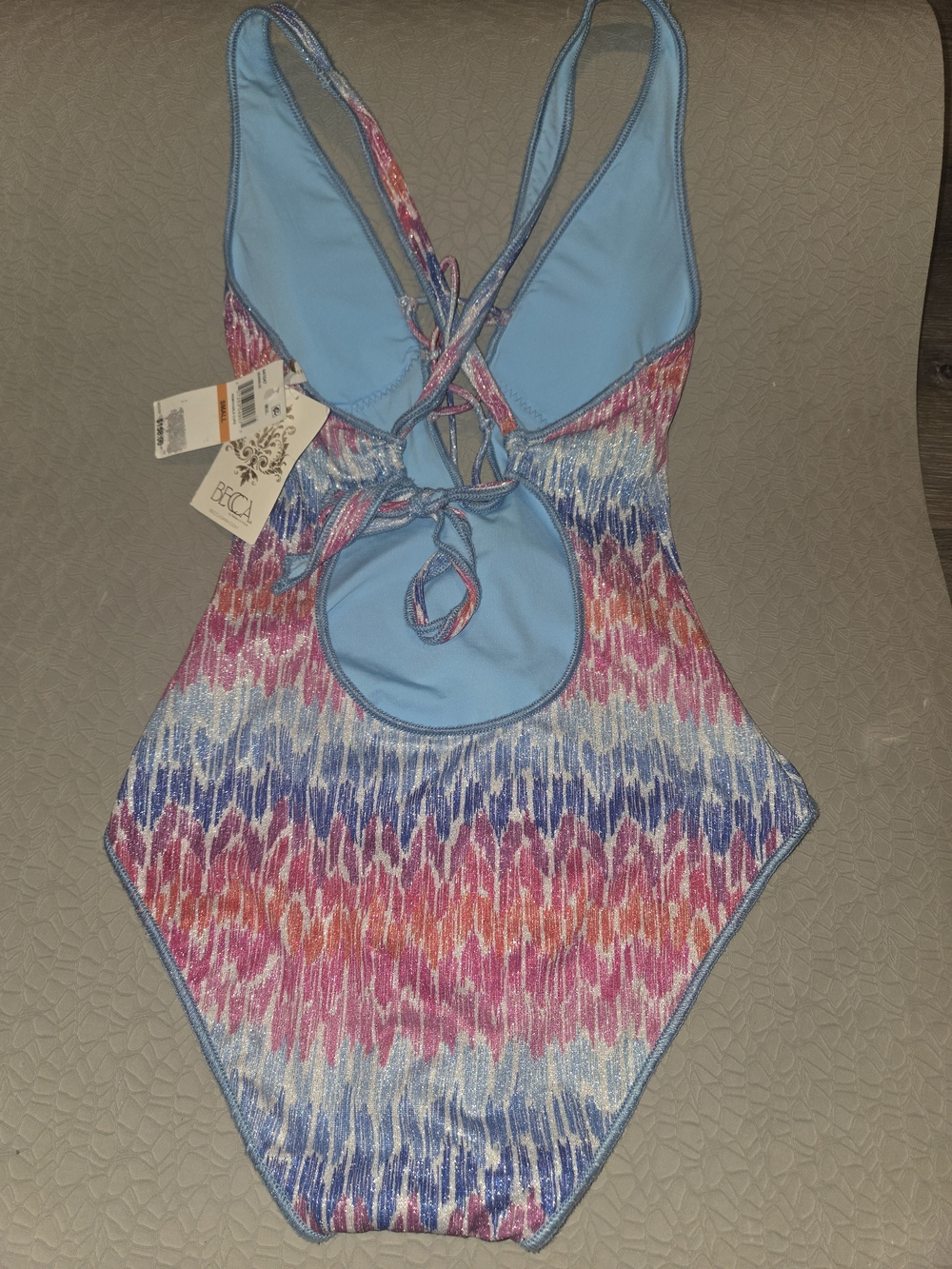 BECCA Brand Tie-Front One-Piece Swimsuit in Blue, Pink & White Size SMALL NWT - Picture 3 of 3
